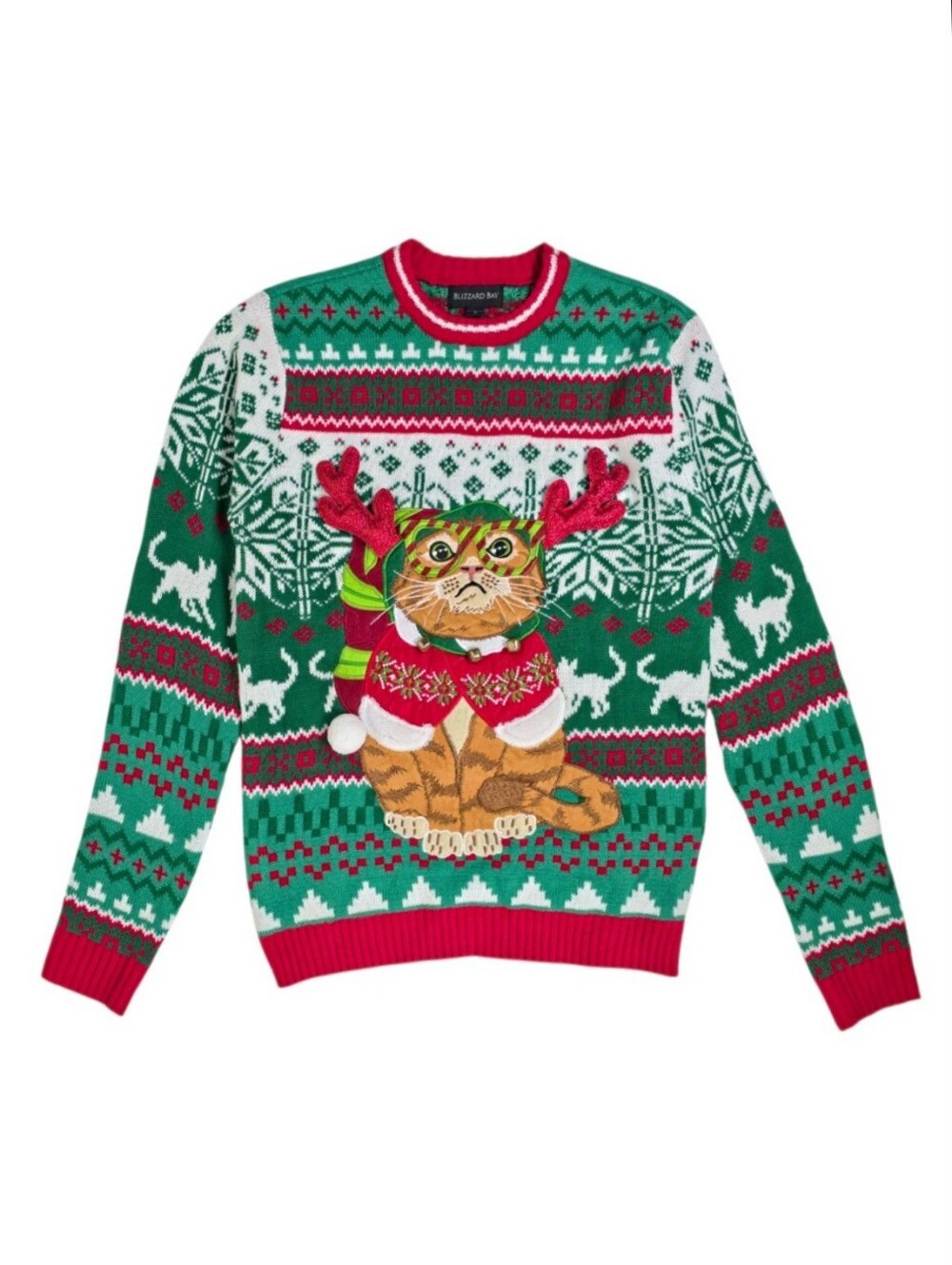 Blizzard Bay Ugly Christmas Sweater Cat Bells Glitter Antlers Unisex S Green